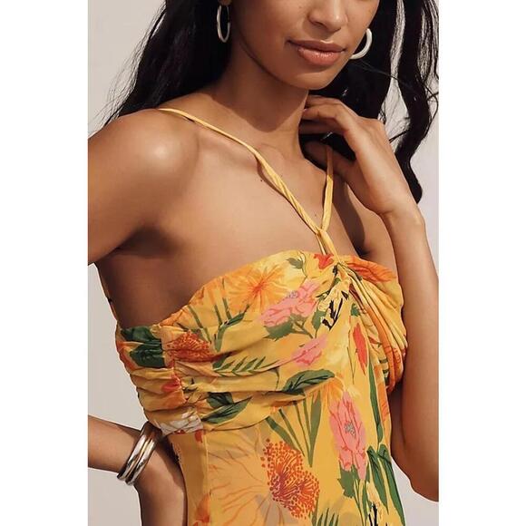 Anthropologie Halter Floral Midi Slip Dress Sleeveless Women's Size L Yellow - Picture 3 of 5